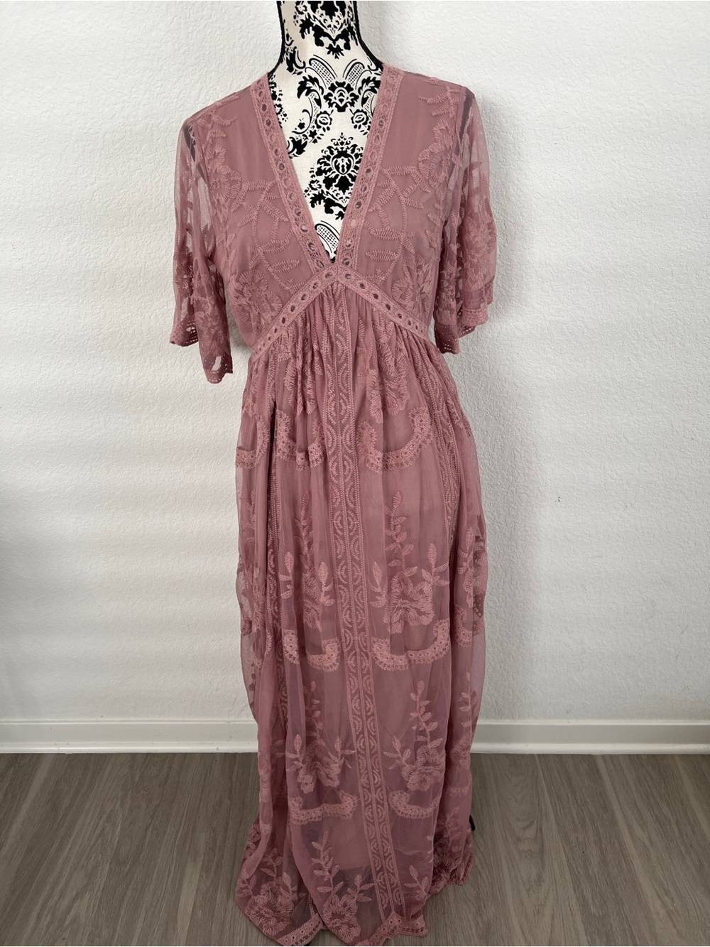 Pink Blush Mauve Embroidered Lace Maxi Dress Size L Boho